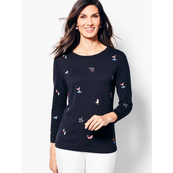 Talbots Sweater Nautical Embroidered Woman's XXL Three-Quarter-Sleeve Dark Navy - Picture 5 of 9